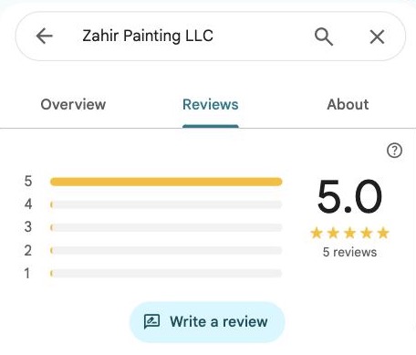 Google Maps listing for Zahir Painting LLC: 5.0 stars from 5 reviews.