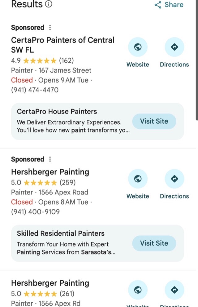 Google Maps search for 'zahir painting sarasota' showing only other painting companies.